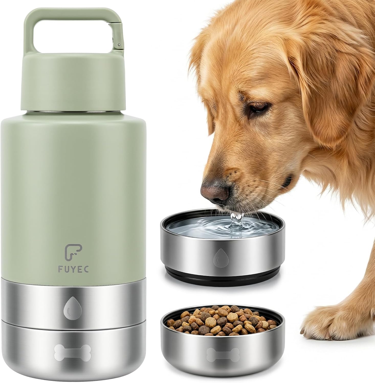 32oz 3-in-1 Dog Water Bottle Stainless Travel Cup with 2 Bowls,Green