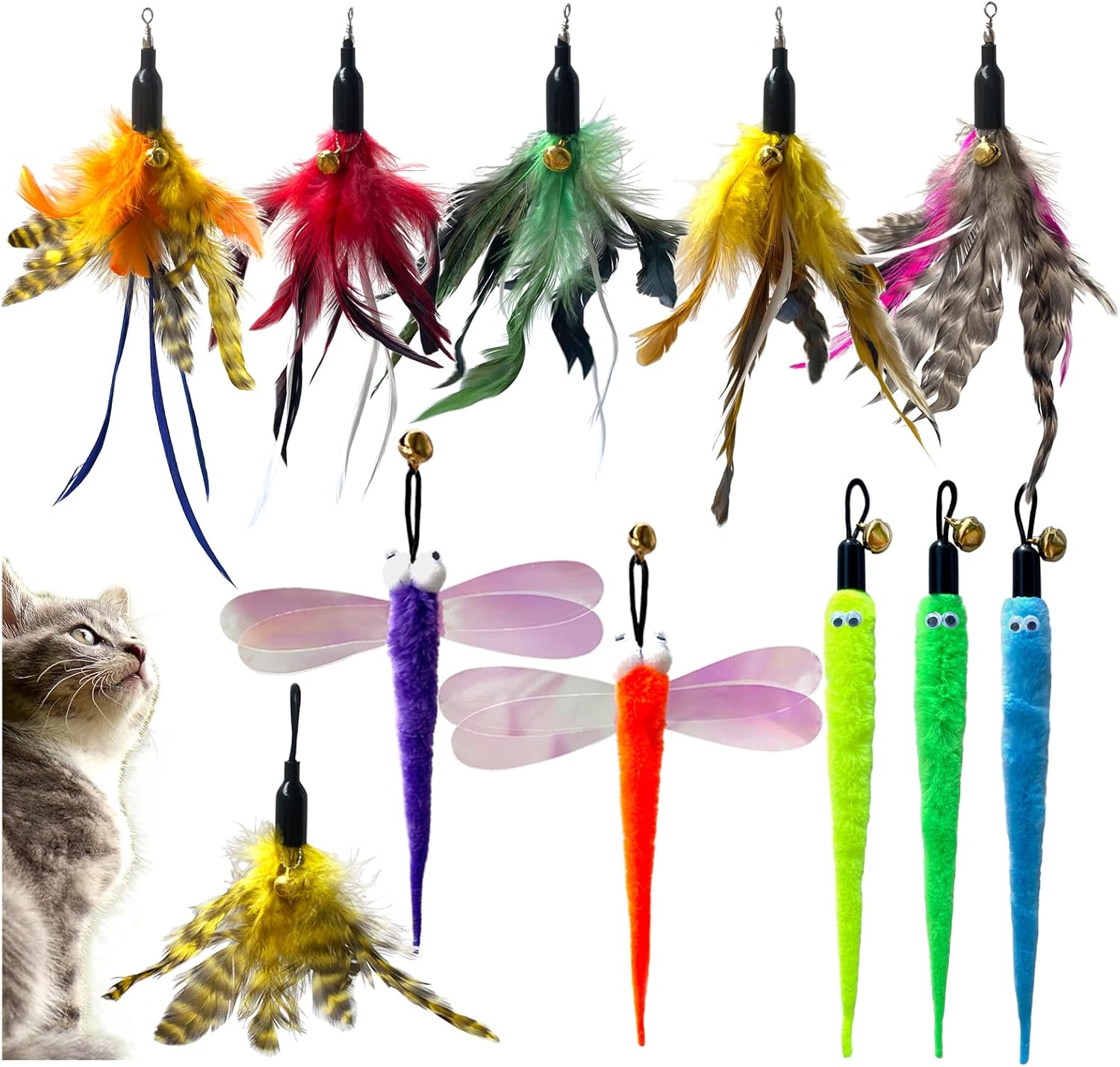 AcceLeah 11Pcs Cat Wand Refills, Feather Dragonfly & Worm Attachments AcceLeah 11Pcs Cat Wand Refills, Feather Dragonfly & Worm Attachments
