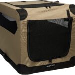 Amazon Basics Portable Folding Soft Dog Crate, 2-Door, Collapsible Travel Kennel, Top & Front Loading, Small 26″ x 18″ x 18″, Tan