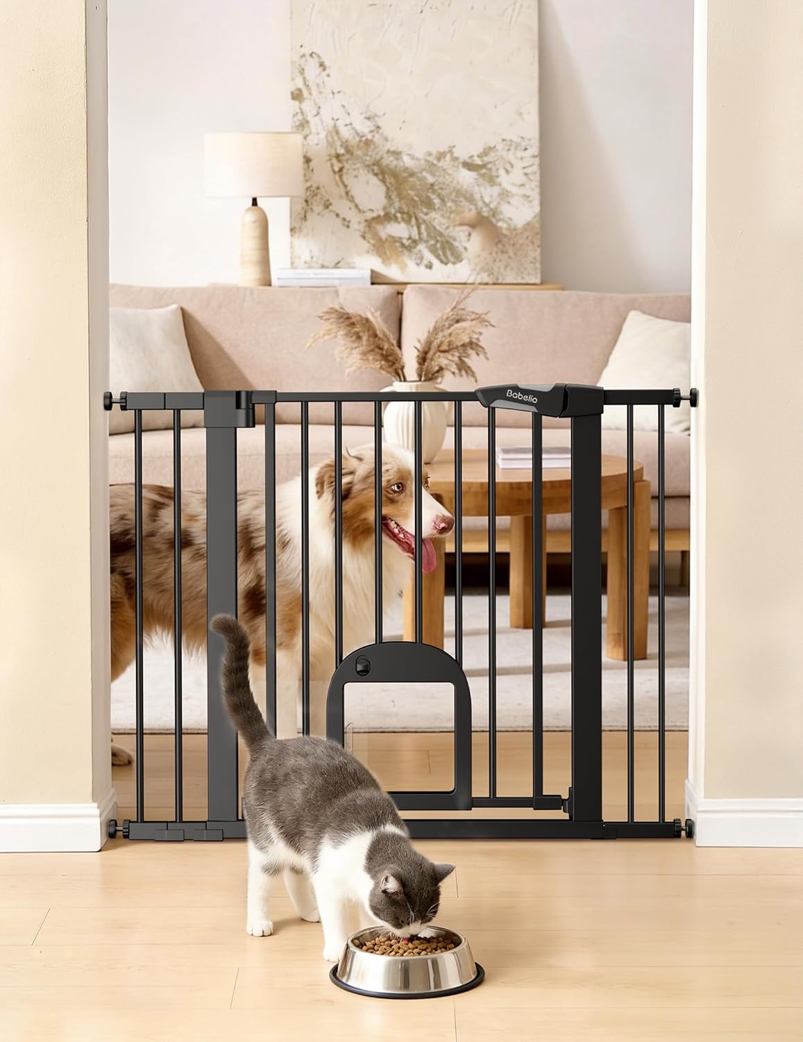 Babelio Dog Gate with Adjustable Cat Door, CatPrivilege III, 29-43", Black