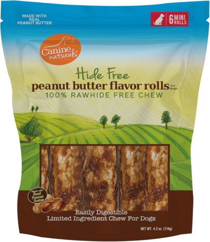 Canine Naturals Rawhide Free Peanut Butter Dog Chews, Mini Rolls, 6 Count