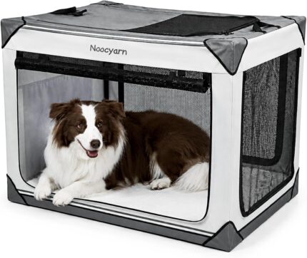 Collapsible Soft Dog Crate 36 Inch, Portable Travel Pet Crate for Large Dogs with 4-Door Mesh, Large Dog Kennel Indoor & Outdoor, Light Grey