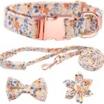 Dog Collar and Leash Set Girls Adjustable Puppy Collars with Floral Bow Tie for Small Medium Large Female Dogs, Orange Flower, S
