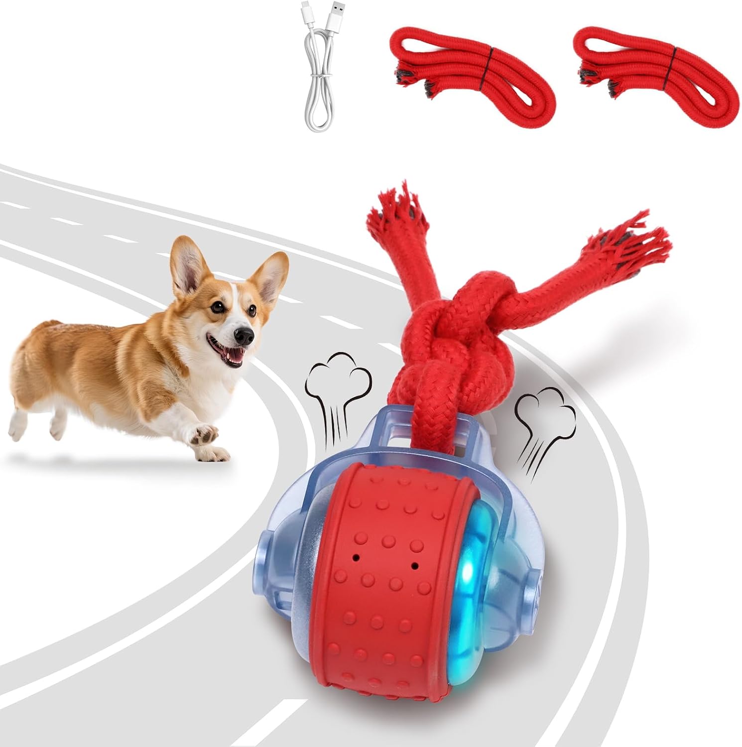 Dog Toys Interactive Rolling Ball with Rope, Motion-Activated Dog Toys Interactive Rolling Ball with Rope, Motion-Activated