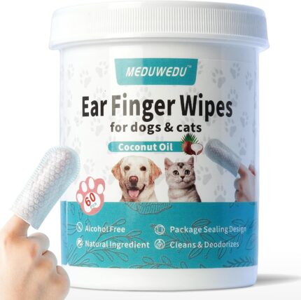 MEDUWEDU Ear Cleaner Finger Wipes 60 Counts, Dog Ear Cleaner, Grooming Kit Care for Dogs and Cats, Soft & Easy Otic Cleaning Pads, Remove Wax, Dirt & Stop Smelly, Itchy, Non-Irritating, Coconut Scent