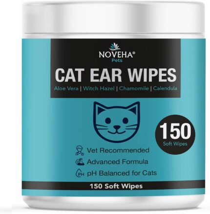 NOVEHA 150 PCs Cat Ear Wipes that Gently Clean & Soothe Sensitive Cat Ears; Soft Ear Cleaner for Removing Wax, Dirt & Odor; Alcohol-Free Ear Care with pH Balanced Formula; Unscented Grooming Care