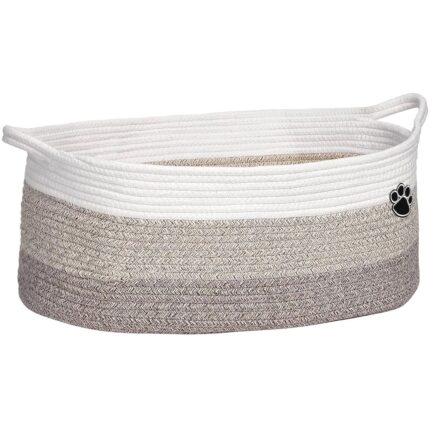 Optish Dog Toy Basket, 30L Toy Box and Bin for Dog Cat Storage, 19.7" X 11" X 7.9" Large Woven Rope Basket for Blanket Storage, Living Room, Bedroom, White & Brown