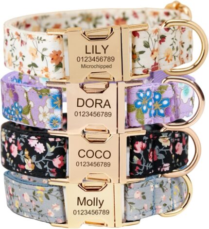 Personalized Dog Collar with Engraved Metal Buckle - Custom Name & Phone Number - Adjustable for Small, Medium, Large Breeds (Floral)