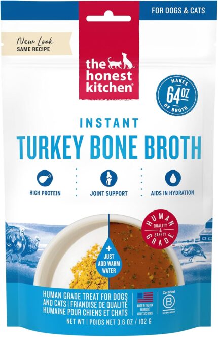 The Honest Kitchen Instant Turkey Bone Broth for Dogs & Cats with Turmeric, Human Grade Pet Food, Hydration Supplement, Digestive & Joint Support, Meal Topper, Treat or Enrichment, 3.6 oz Makes 64 oz