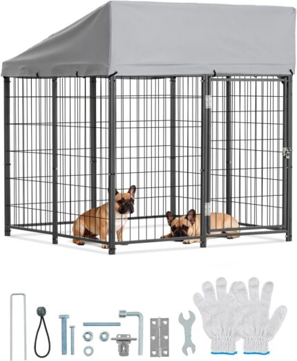 VEVOR Outdoor Dog Kennel, 3.67 x 3.78 x 4.1 ft Large Dog Kennel with Secure Lock, Outside Dogs Enclosures with UV-Resistant & Waterproof Roof Cover, Heavy Duty Pet Crate Cage Run for Large Dogs