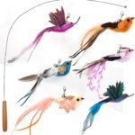 miwoowim 35″ Steel Wire Cat Wand Toy & 6PCS Realistic Feather Bird Refills